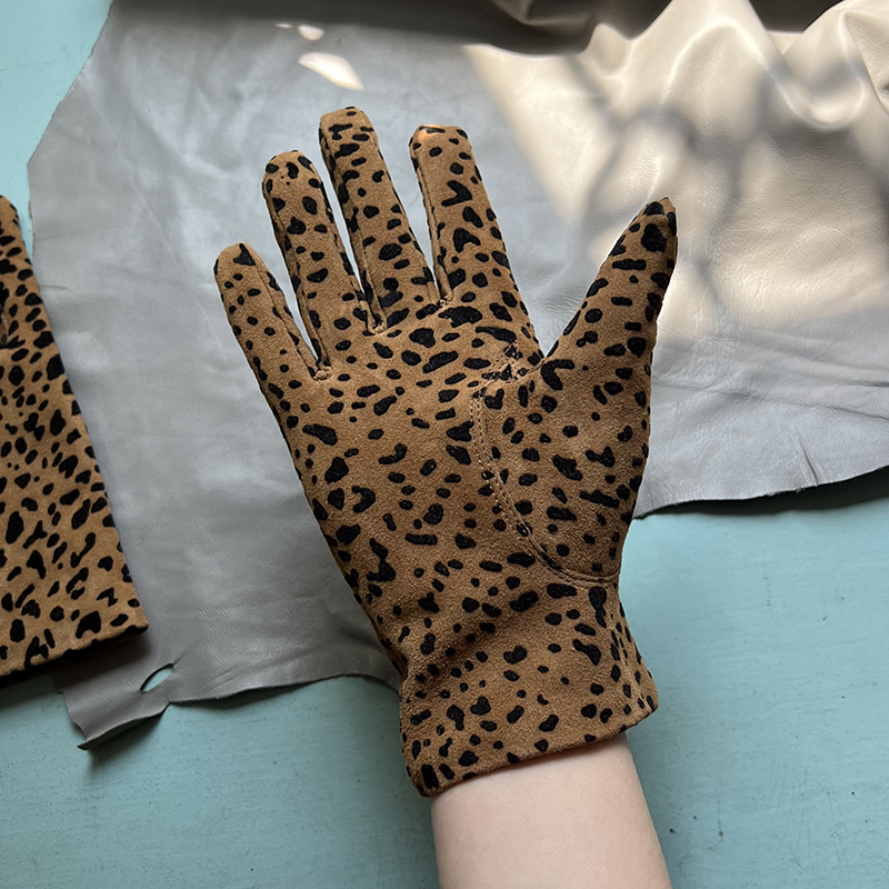 Suede leather gloves women's short leopard print leather gloves men's same style driving motorcycle gloves Spring and autumn gloves