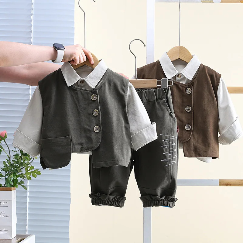 Autumn Preschool Boys 3pcs Clothing Set Pure Cotton Polo Shirt Pocket Tank Top Pure Cotton Pants Set Childrens Boys Set 240924