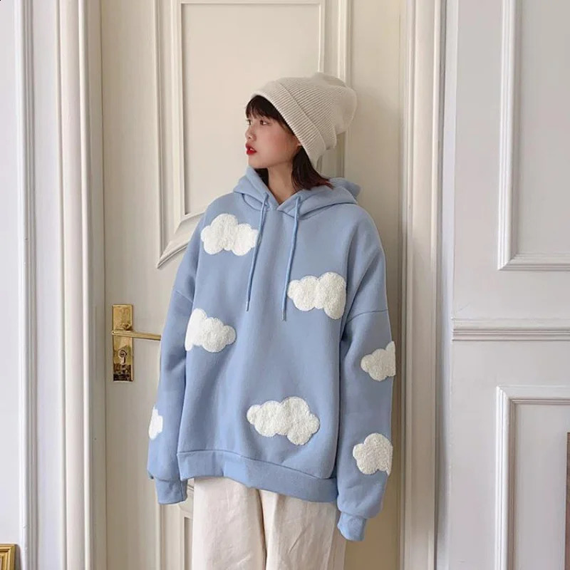 Autumn Winter Women Blue white cloud Hoodie Thick Warm Female Fleece Hoodies Oversize Sweatshirt Top Ladies Hooded Top coat 240920