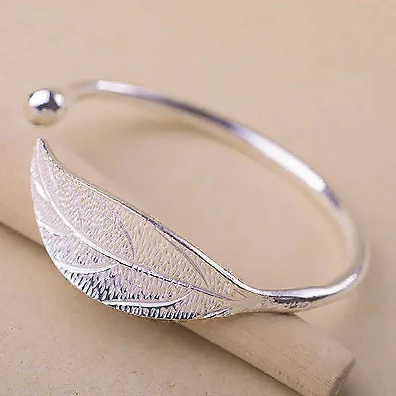Fashion 925 Sterling Silver Woman Cuff Bracelet Open Leaf Shaped Adjustable Charm Bangle Girls Party Jewelry Christmas GiftsX240925