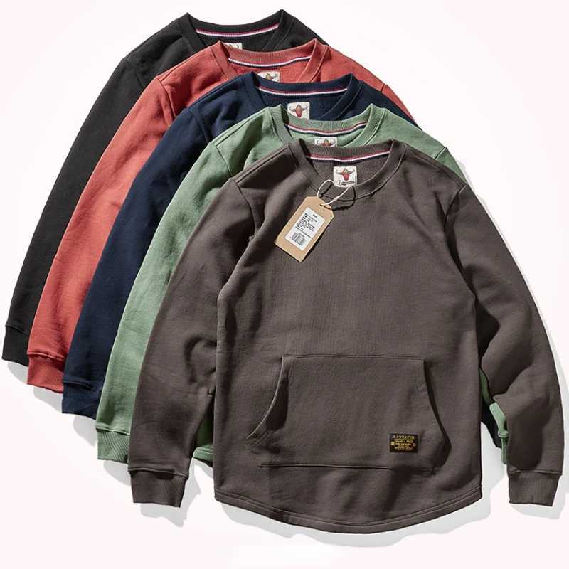Japanese heavy velvet padded sweater mens 2022 autumn and winter solid color kangaroo pocket warm round neck jacketX240925