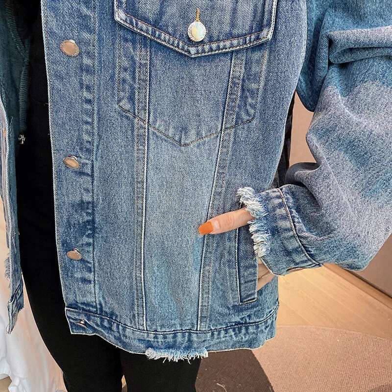 Women Streetwear Fashion Beading Cartoon Bear Denim Jacket Pocket Lapel Loose Long Sleeve Print Jeans Coat Female