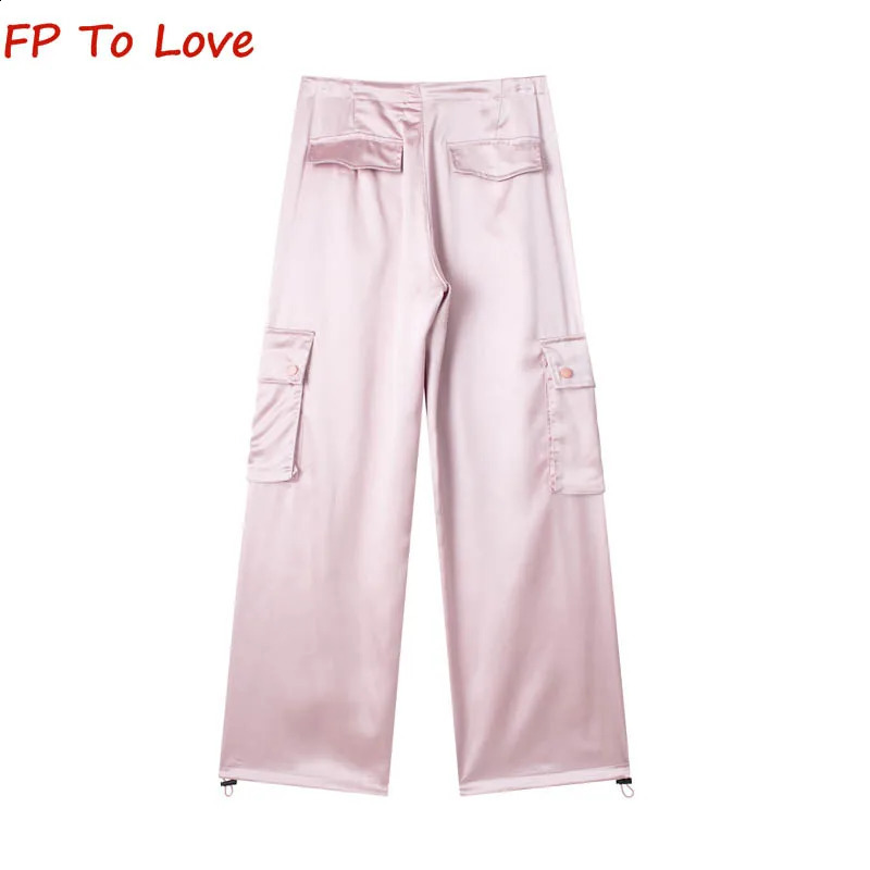 Y2K satin summer cargo pants pockets shiny elegant pants straight casual shirt pink white blog set fashionable 240925