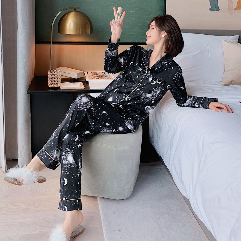 Couple Women Men Galaxy Star Moon Printed Satin Long Sleeve Pants Sleepwear 2 Pcs Lovers Female Pamas Pyjamas Homewear
