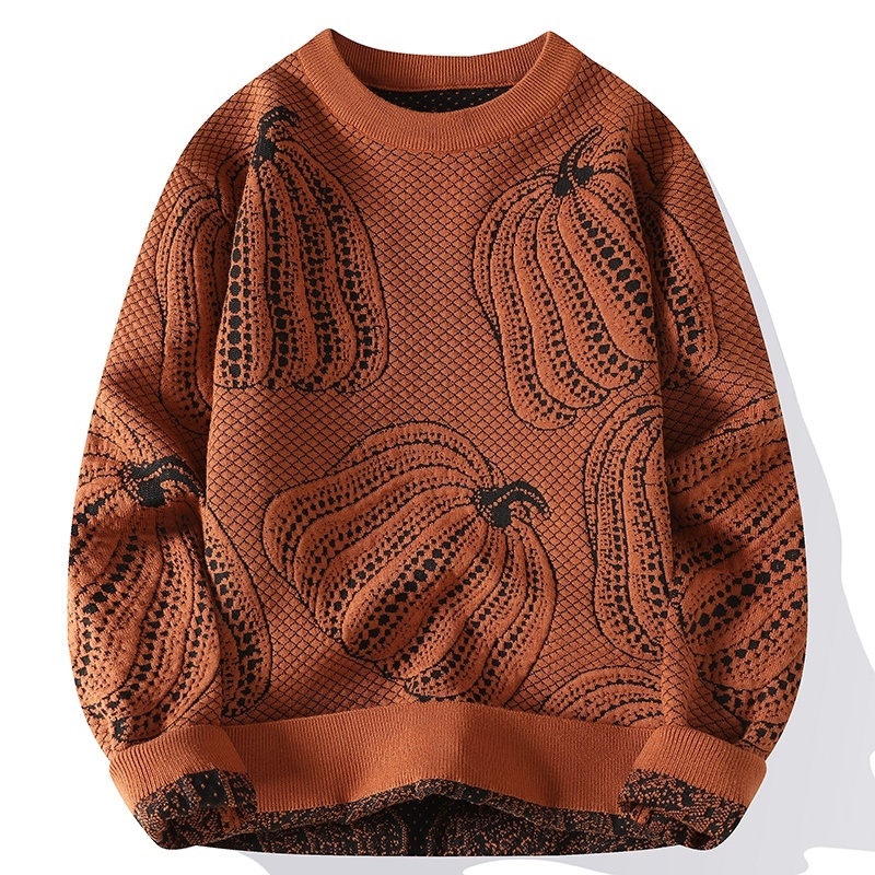 2024 Autumn Winter New Designer Warm Pumpkin Printed Men s Fashion Casual Loose Knitted Hoodie High end Men s Christmas Sweater