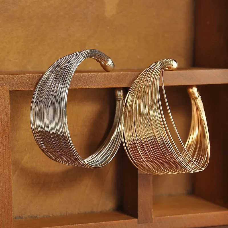 Vintage Gold Color Multi-Layer Opening Wide Cuff Bracelet For Women Punk Metal Adjustable Personality Bracelet Jewelry GiftsX240925