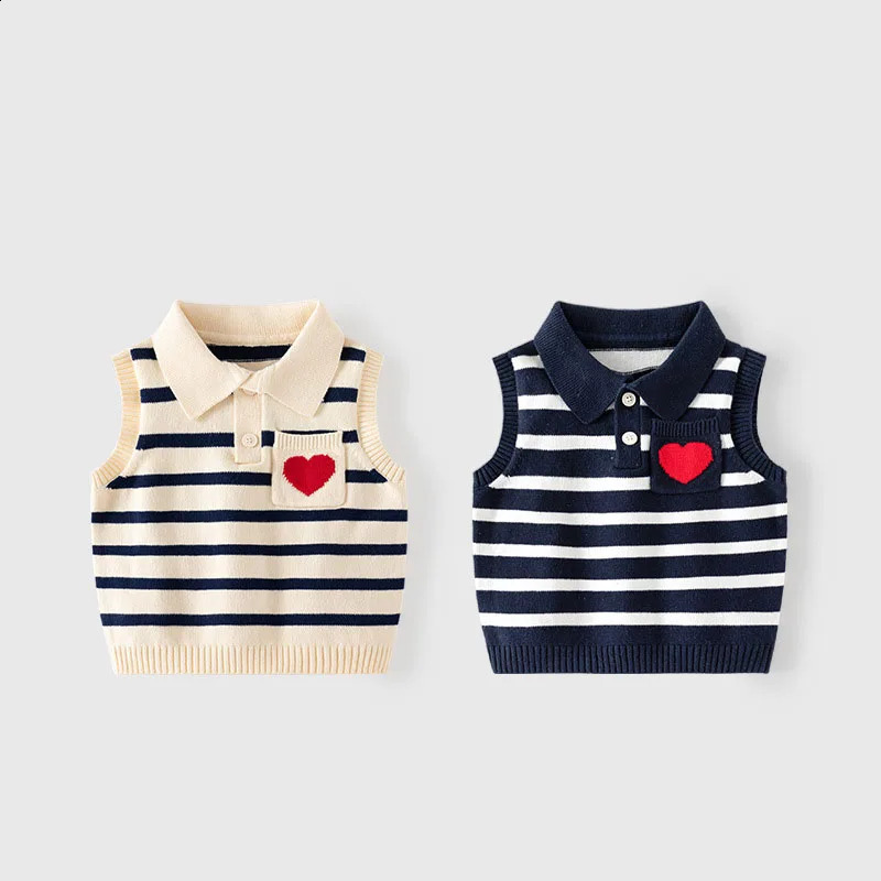 Spring Autumn Children Girls Polo Vest Red Heart Cotton Pocket Baby Girls Waistcoats Striped Elastic Hem Kid Girls Knitwear 240921