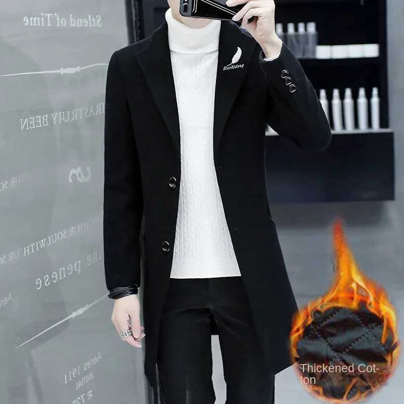 2023 New Woolen Coat Mens Autumn and Winter Windbreaker Mens Mid length Korean Slim Fit Woolen Coat Y240924