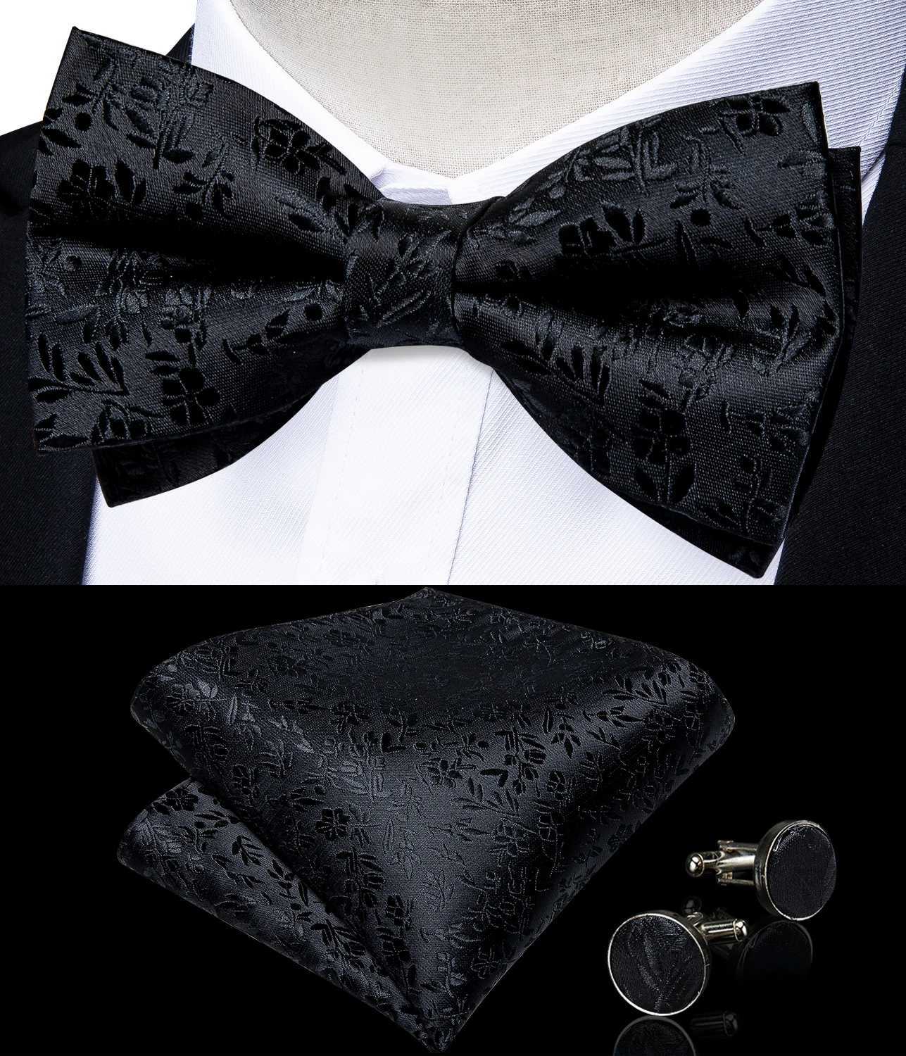Classic black mens tie 100% silk tie pocket square cufflink set Paisley gold pre tie DiBanGu Y240925