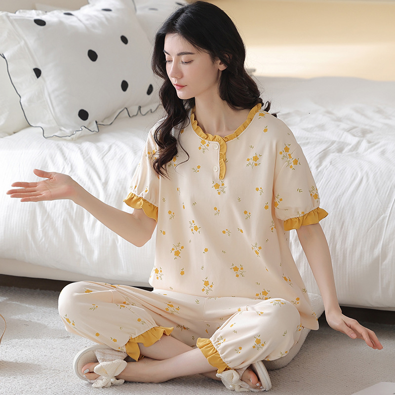 Spring And Women's Pamas Short Sleeve Pants Girls Vintage Home Clothes Cotton Loose Casual Suit Summer