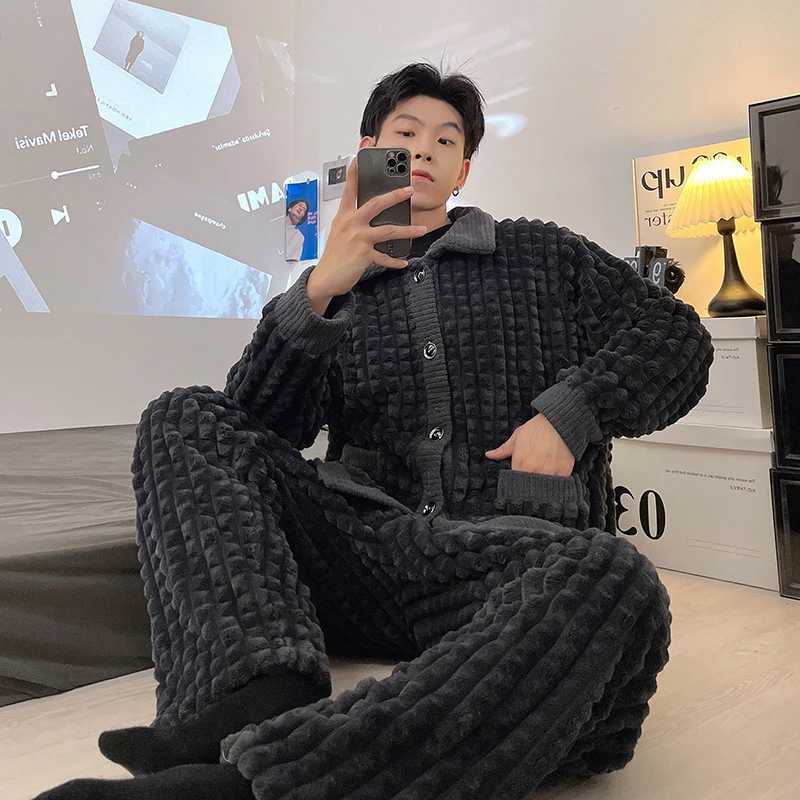 Newest Mens Winter Thicken Warm Flannel Pajamas Sets Male Long Slve Plus Size Pajamas Slpwear Homewear Casual M240925