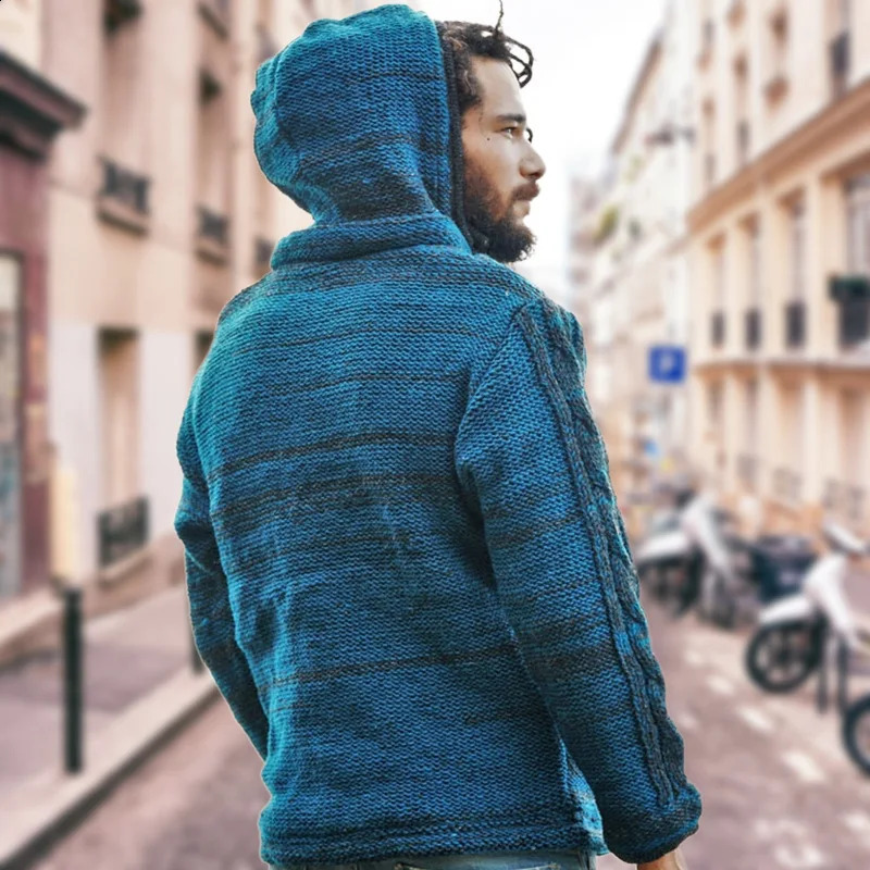 Mens Sweater Outerwear Autumn and Winter Casual Zipper Cardigan Hooded Knit From Europe America 240910