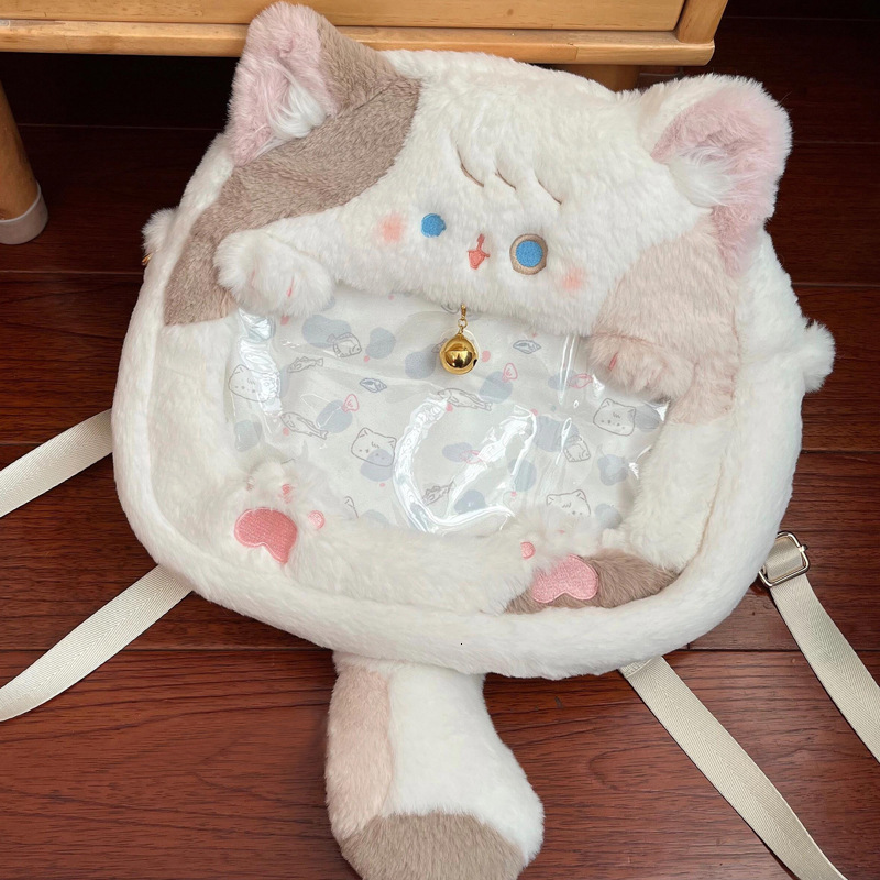 2024 New Designer Backpack Cute Plush Kitten Pain Backpack JK Sweet Girl Anime Transparent Small Appetite Oatmeal Bag