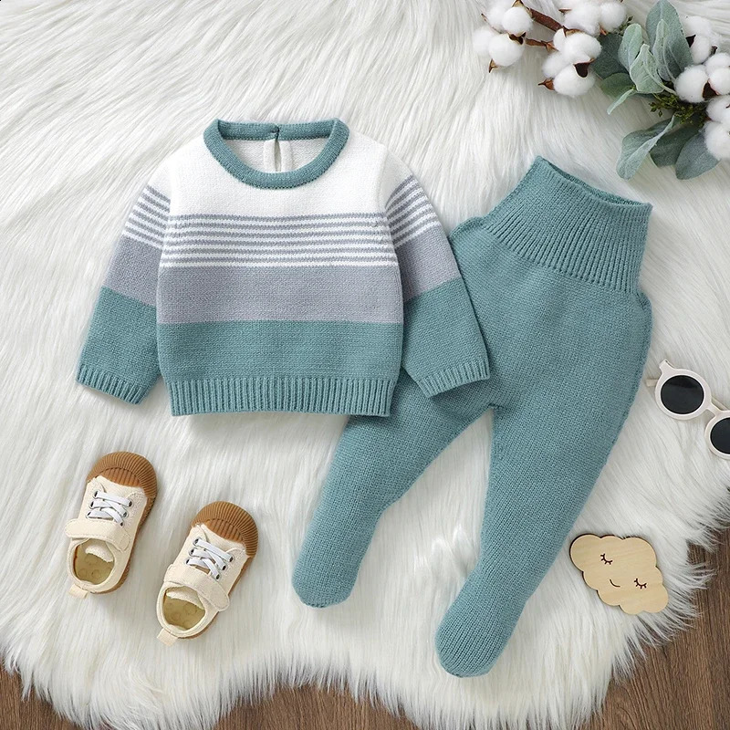 born baby clothing set knitted autumn boy sweater pulled together long sleevespants childrens sweaterTrousers 2PC fashion stripes 240925