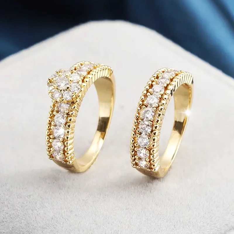 Huitan Trendy Golden Color 2PC Bridal Ring Set Womens Wedding Ceremony Accessories with Bright Zirconia Fashion Luxury Jewelry W240925