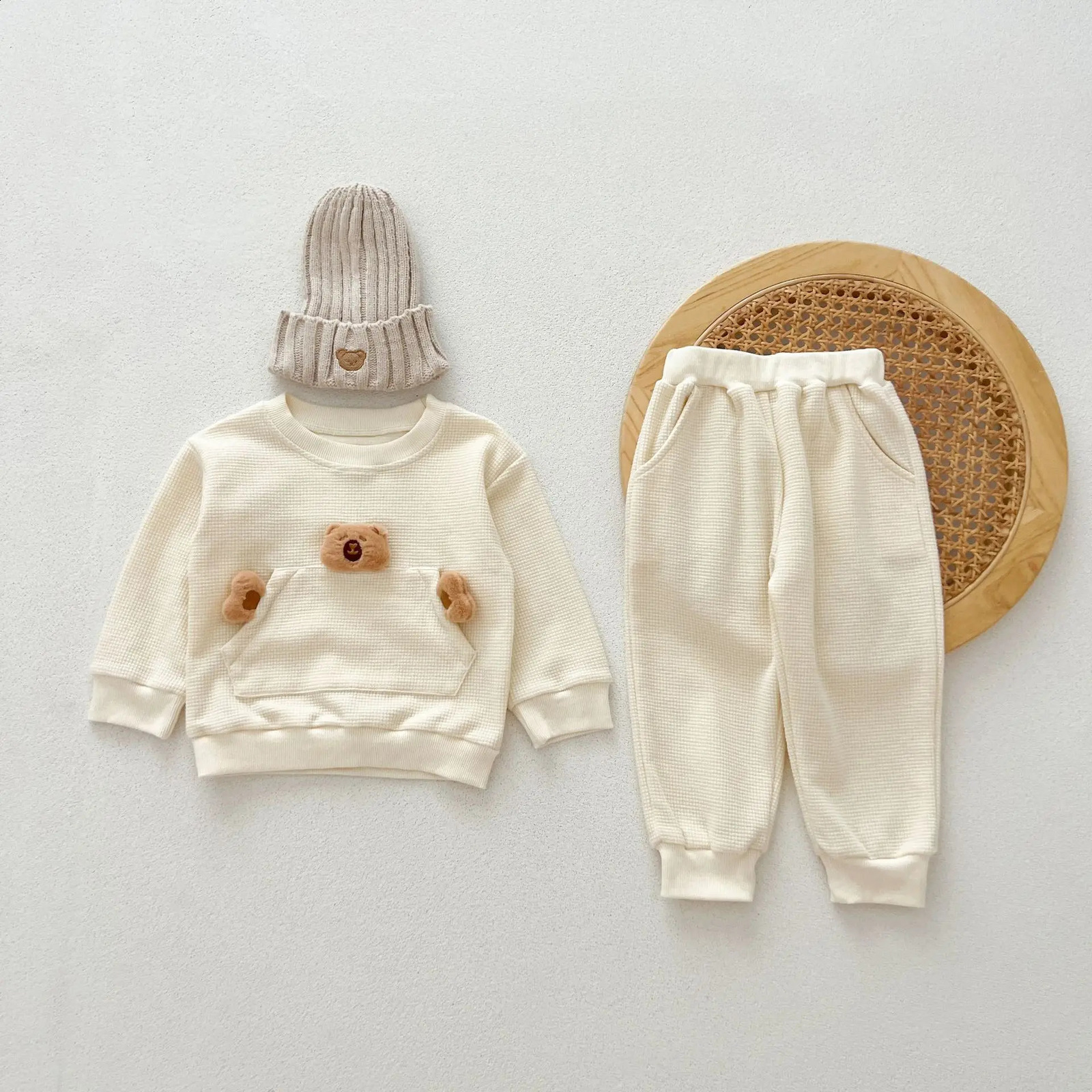 Korean Autumn Baby Boy 2PCS Clothing Set Cartoon Bear Pocket Waffle Zipper Cotton Pants Preschool 240925