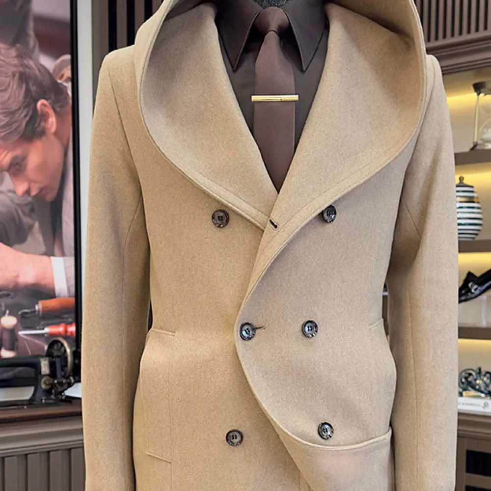 Mens wool hooded jacket vintage jacket brand clothing double chest knee length long sleeved jacket high-quality mens clothing W240924