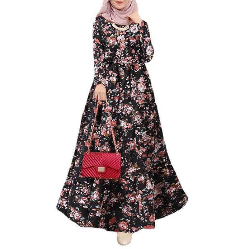 New long robe printed sun skirt elegant ral Muslim dress belt