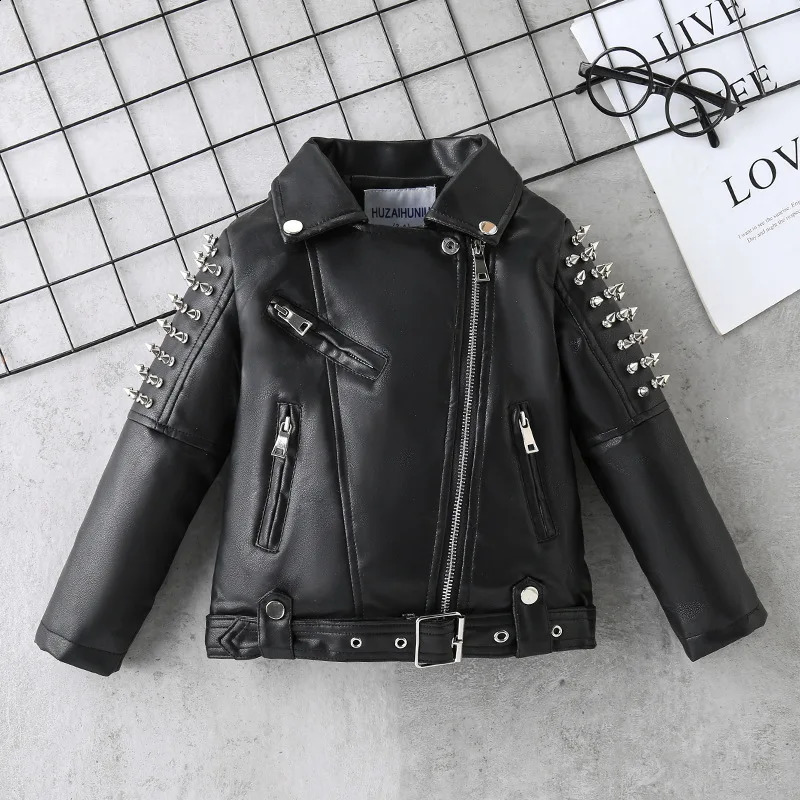 Spring Autumn Performance Motorcycle Black PU Coat Kids Rivet Childrens Leather Jackets For Girl Boys Zipper Clothes XMP19 240920