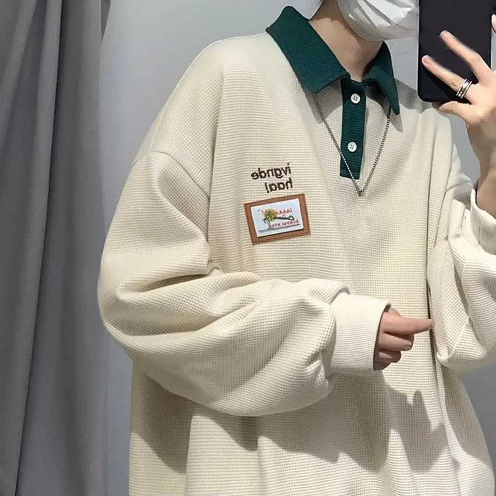 Men Spring Autumn Loose Sweatshirt Lapel Buttons Neckline Long Sleeve Pullover Tops Print Waffle Texture Sport TopsX240925