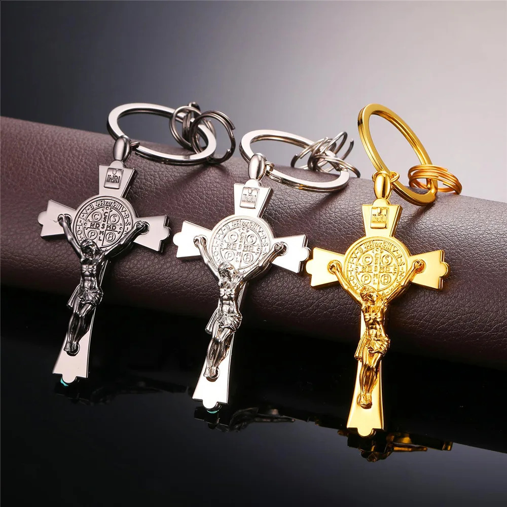 U7 Classic Cross Saint Benedict keychain wholesale gold mens keychain holder keychain with box K007 QC24 240924