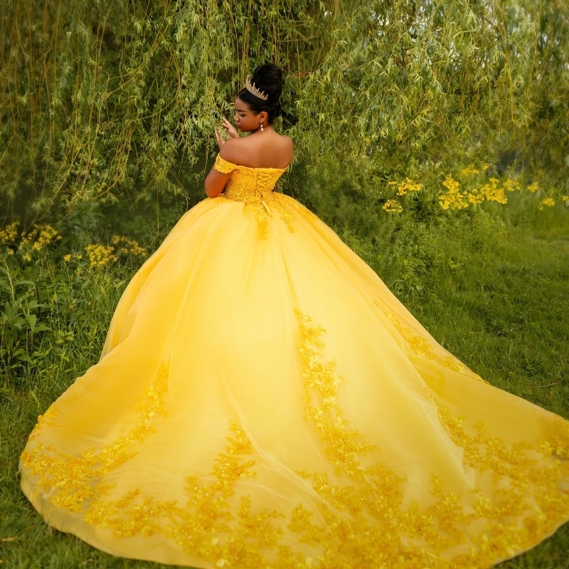 Mexico Yellow Shiny Ball Gown Quinceanera Dresses Floral Lace Appliques Beaded Tull Sweet 16 Dress Lace up Vestido De 15 Anos