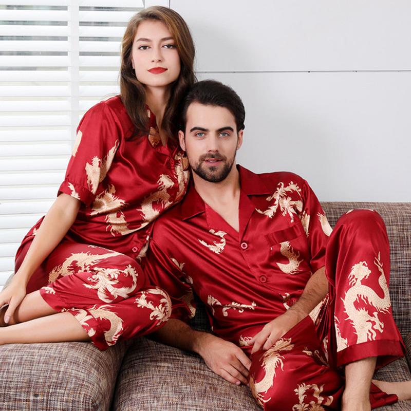 2024 New Couple Silk Satin Sleepwear Long Sleeve Sleepwear Pamas Set Men's and Women's Sleep 2PC Set Home Clothes