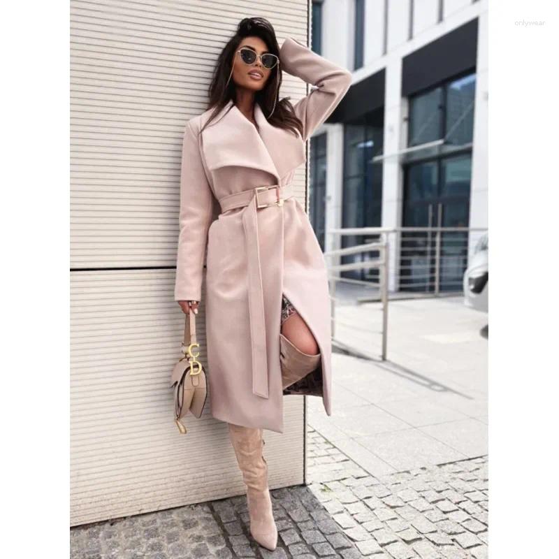 Women's Trench Coats S-2XL Size Windbreaker Coat Simple Solid Color Long Sleeved Button Fashion V-neck Belt Casual Wool