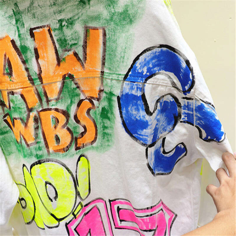 Streetwear Fashion Letter Graffiti Denim Jacket Coat Women Loose Mid Long White Cowboy Outerwear Big Pocket Jeans Jackets Female