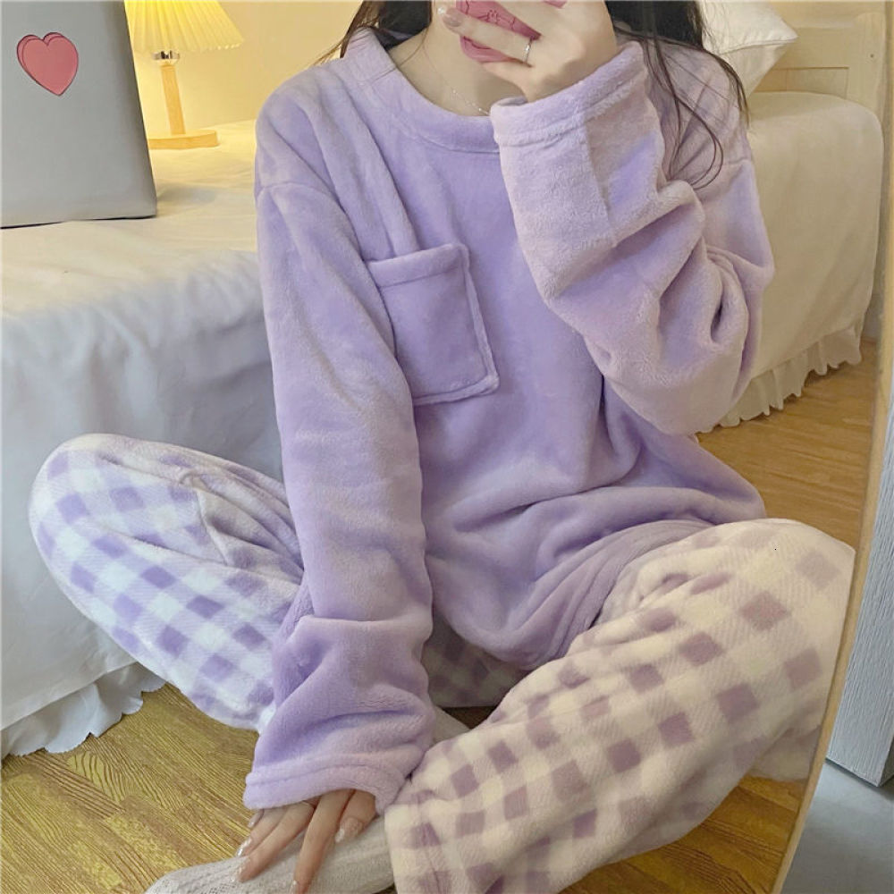Fleece Thick Warm Women's Pamas Winter Sleepwear Casual Solid Top and Plaid Pants Soft Pijamas Set for Women Home Suit
