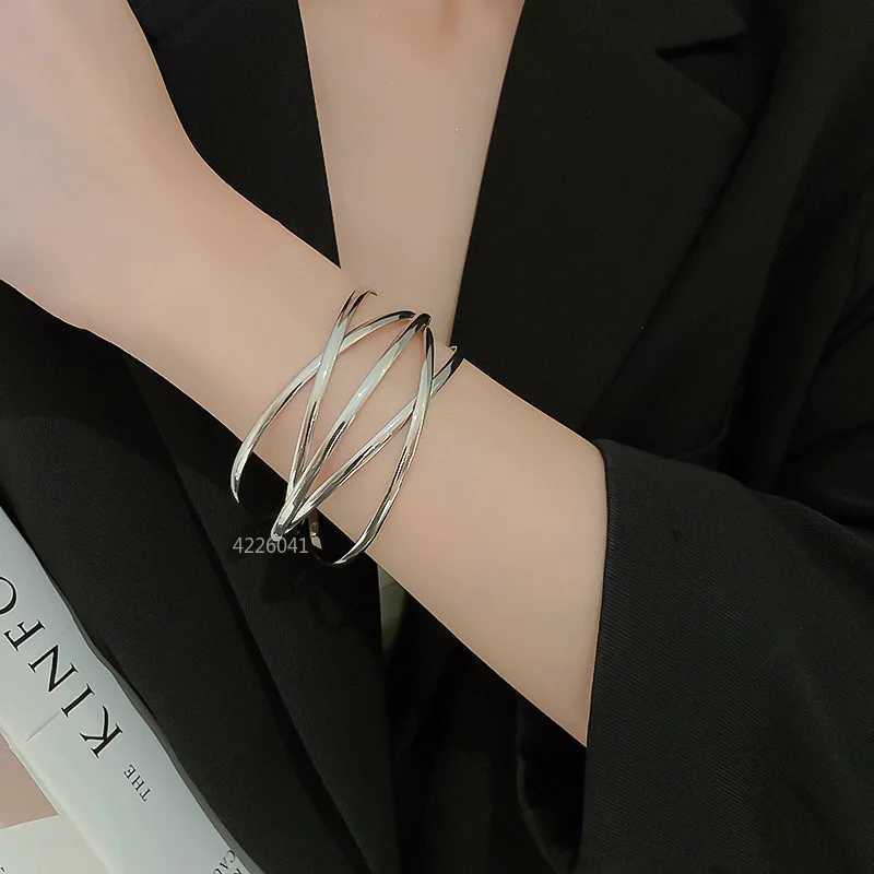 Punk Multilayer Metal Wires Strings Bracelets Bangles For Women Vintage Exaggerated Gold Color Wide Open Cuff Bangles JewelryX240925