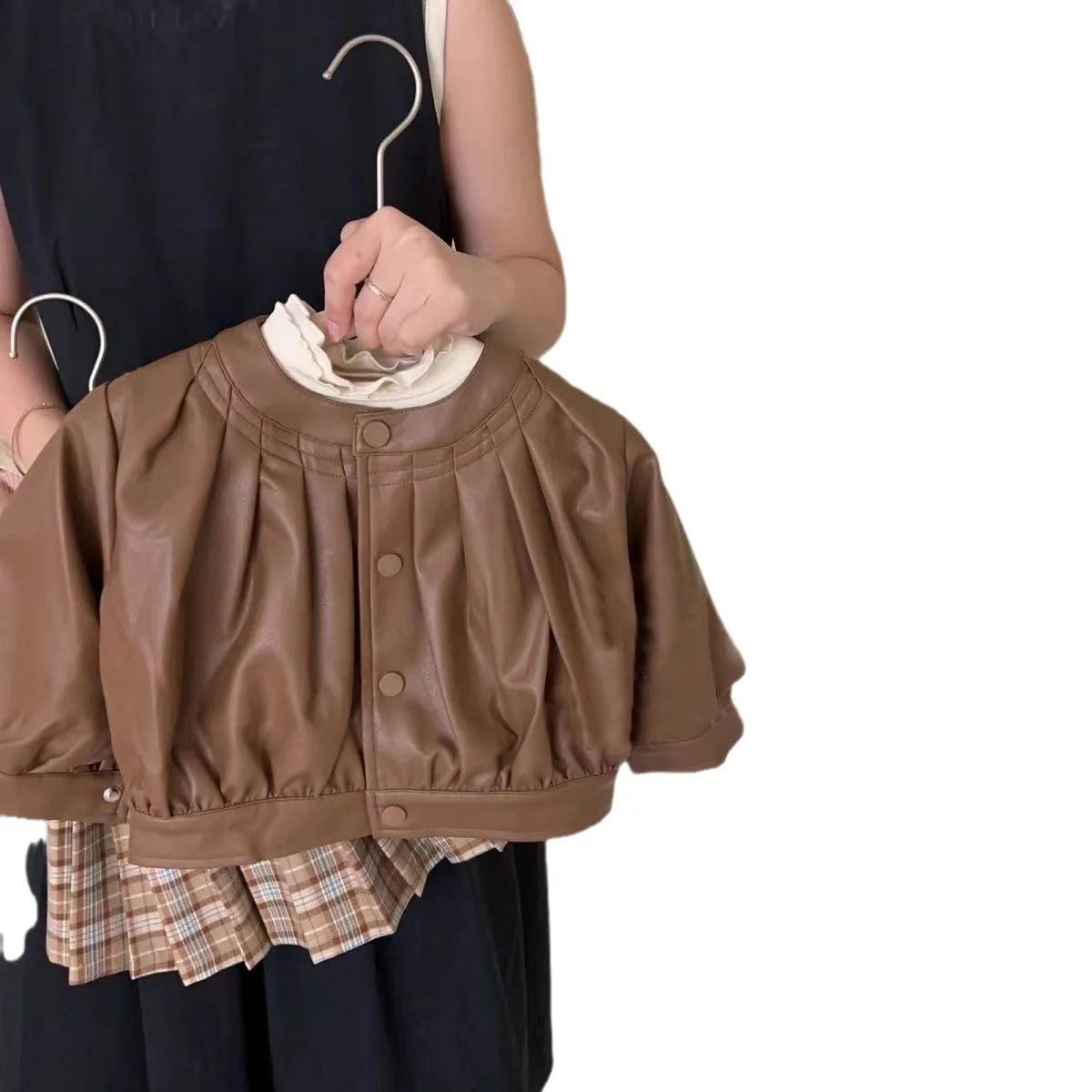 Spring Autumn Children Girl 3PCS Clothes Set Solid Undershirt Solid Leather Jacket Sweet Plaid Skirt Babys Girl Outfits 240920