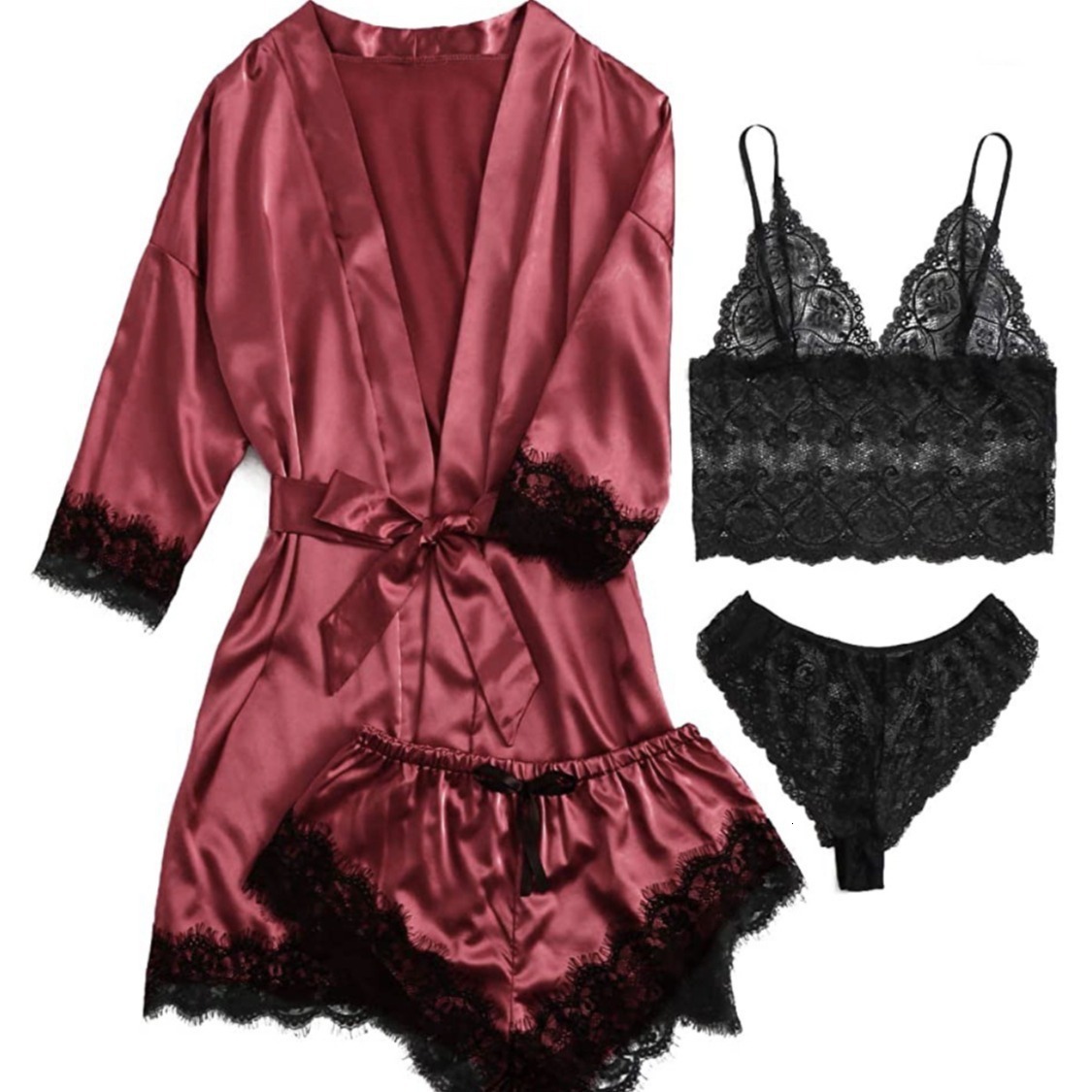 European and American underwear 4-piece Lei suspender pamas women's summer set nightgown