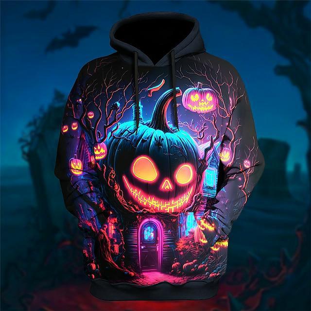 Men's 3D Pumpkin Printed Casual Pullover Hoodie, Soft Fleece Sweatshirt for Fall Season dh910320090