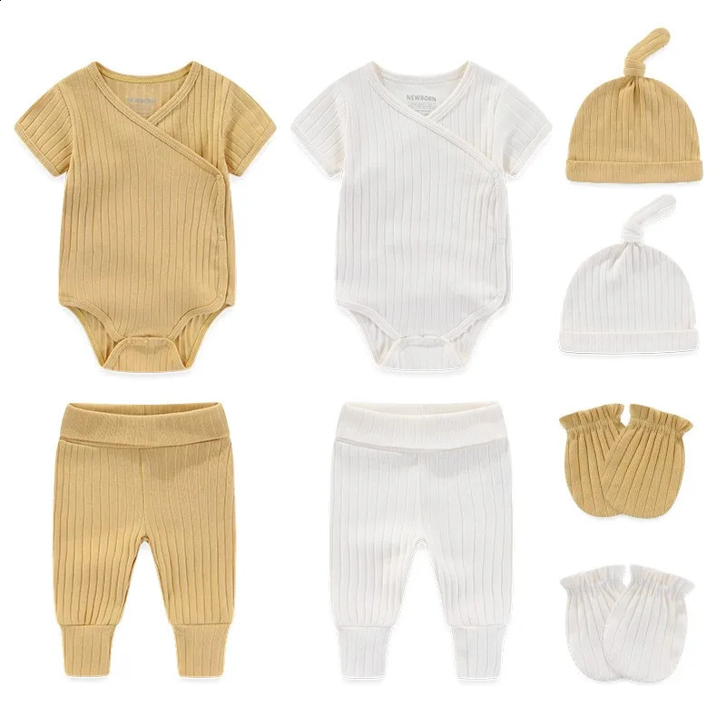 8 pieces of unisex born baby girl clothing set cotton tight fitting clothespantshatgloves boy solid color short sleeved 240925