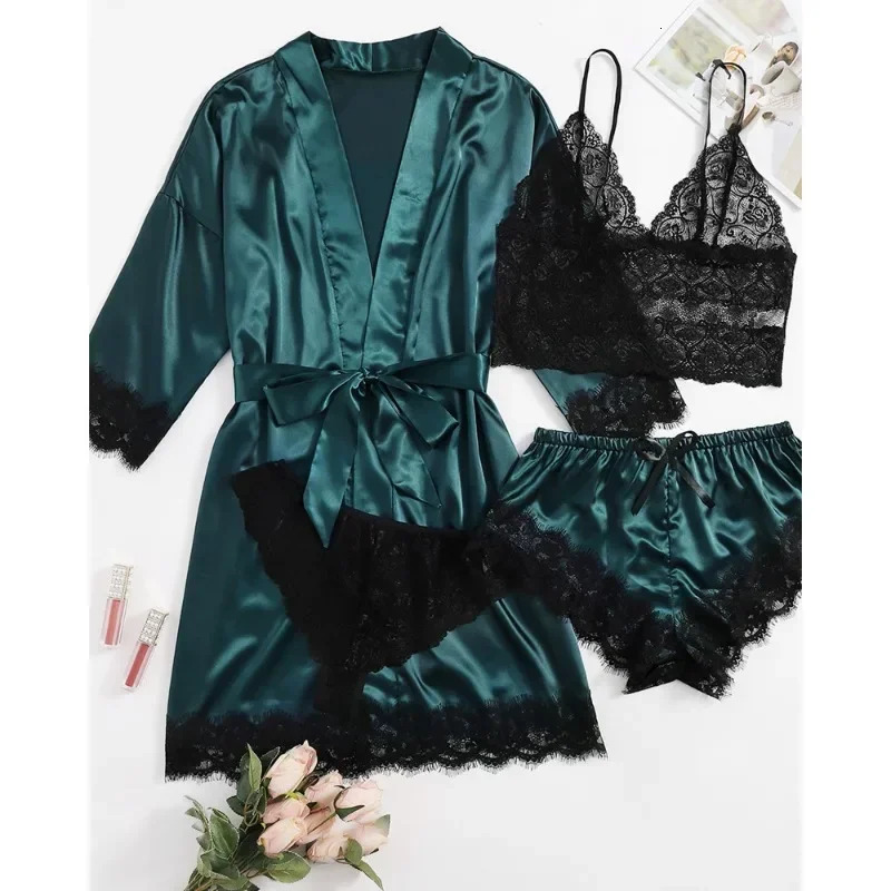 Black Sexy Women's Satin 4-piece Lace Silk Suspender Tops Shorts Robe Pamas Set Nightgown Underwear Nightdress Suit