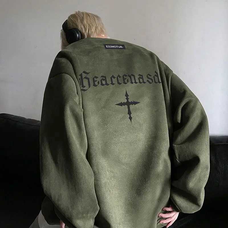 Suede heavyweight sweatshirt for men autumn and winter new round neck top trendy brand American high street vibe style jacketX240925
