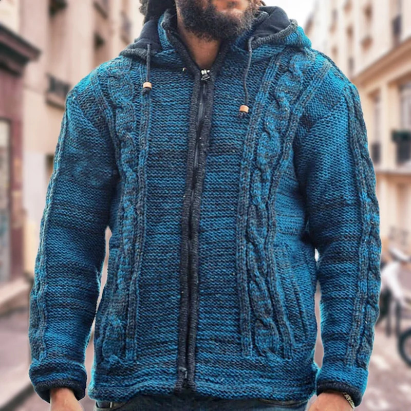 Mens Sweater Outerwear Autumn and Winter Casual Zipper Cardigan Hooded Knit From Europe America 240910