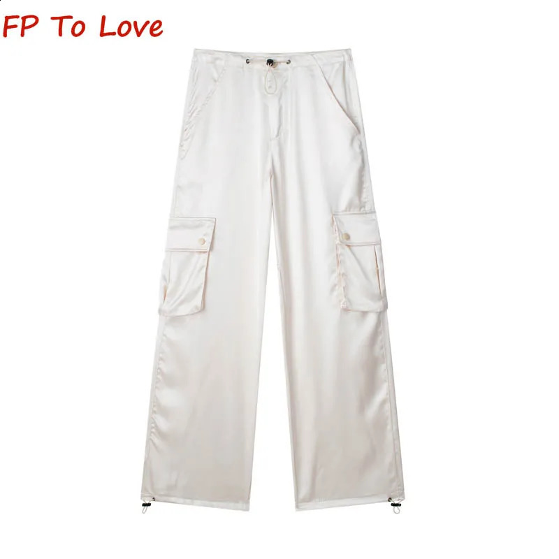 Y2K satin summer cargo pants pockets shiny elegant pants straight casual shirt pink white blog set fashionable 240925