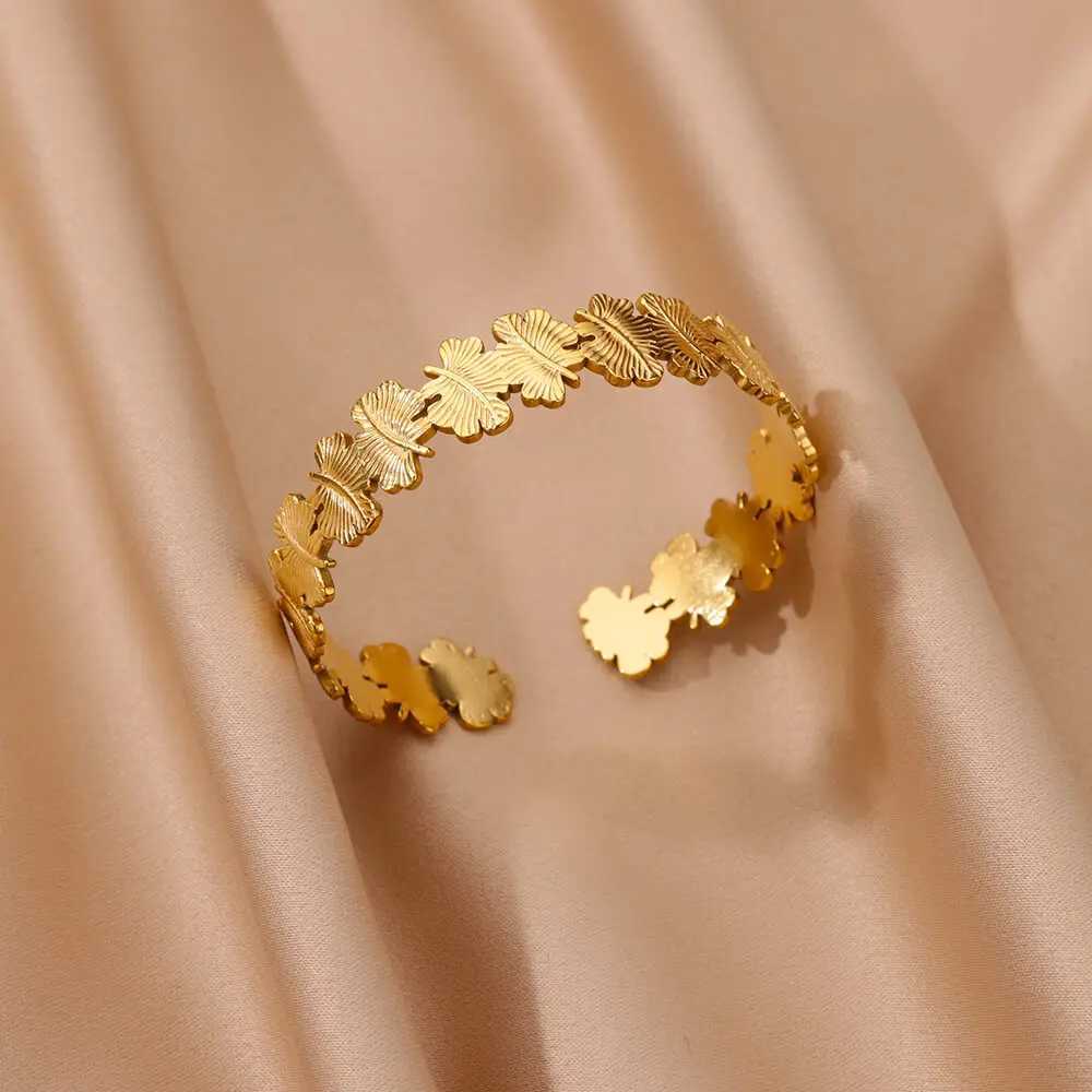 Stainless Steel Bangles Bracelets for Women Gold Color Geometric Texture Open Cuff Bangle Bracelet Femme Vintage Jewelry pulseraX240925