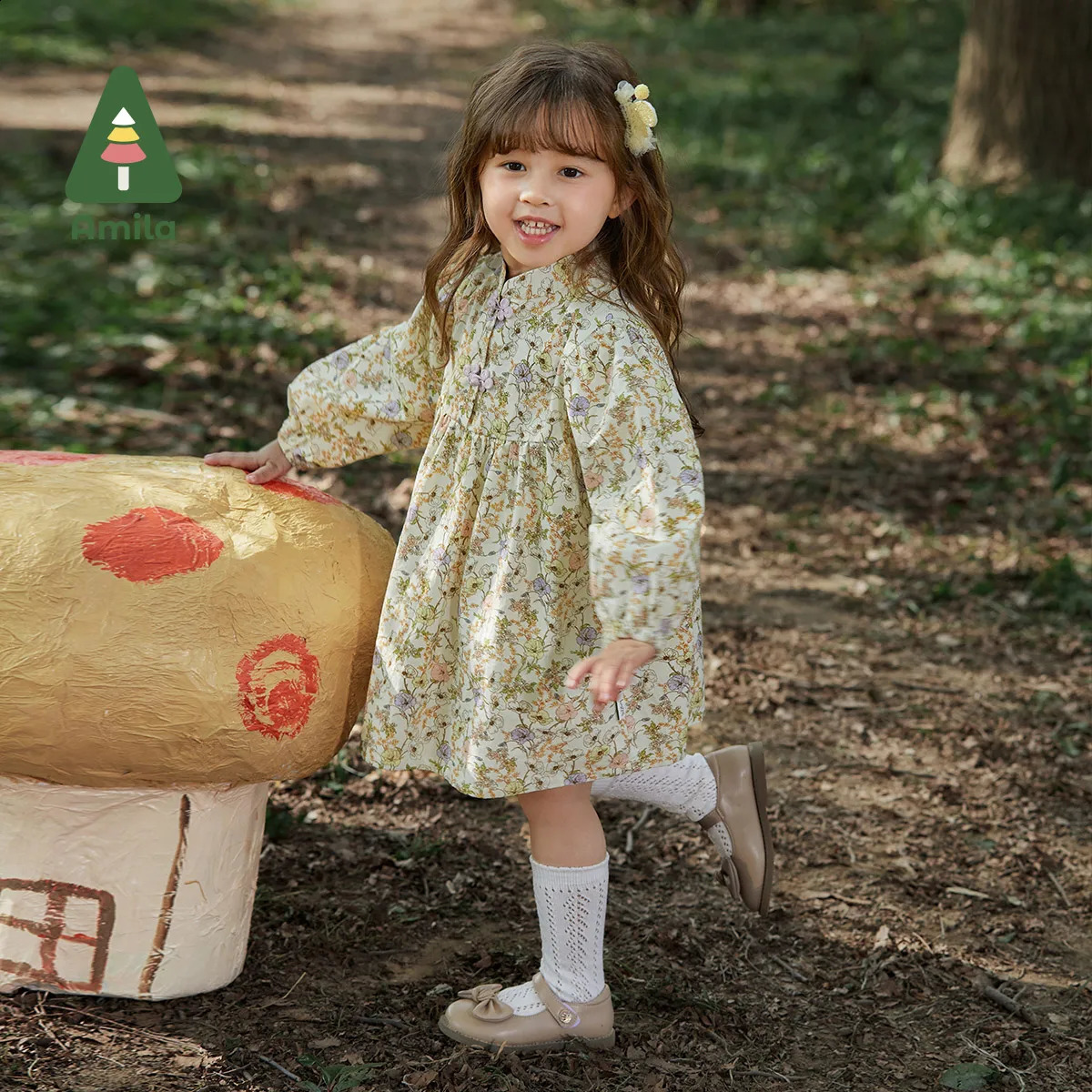 Amila Baby Girls Flowers Dress Spring Collection 100% Cotton Long Sleeve ALine Full Print Cute Childrens Clothing 240925