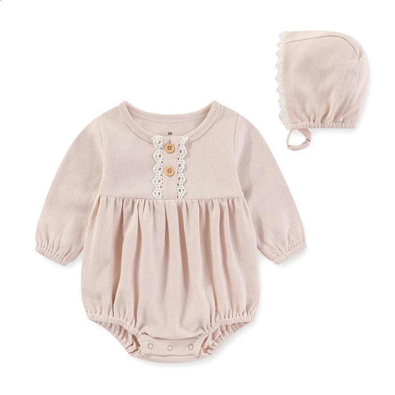 born baby girl clothing set 024 months cotton tight fitting clotheshat long sleeved lace solid color jumpsuit printed Beibei 240925