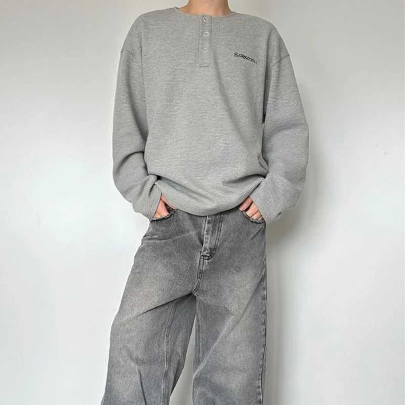 Trendy Korean Style Personalized Floral Gray Waffle Print Long-sleeved Autumn American Mens Womens Y2K Round Neck SweatshirtX240925