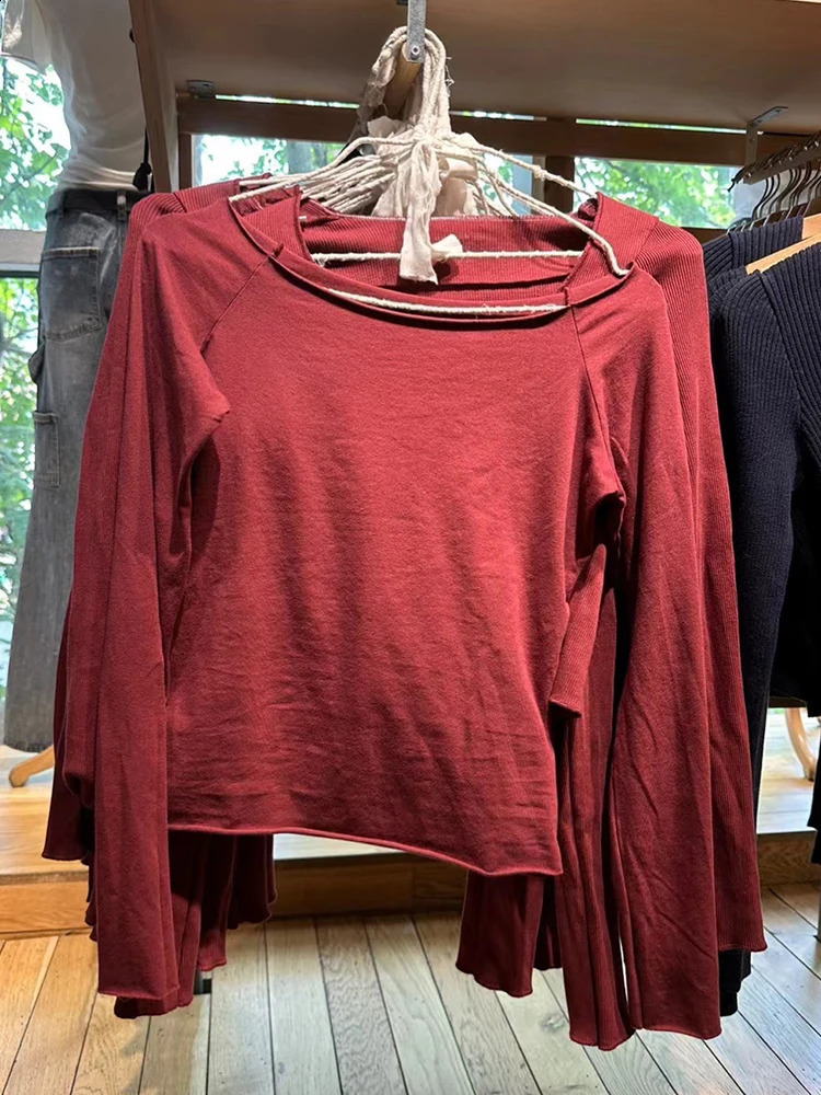 Vintage Solid Raw Trim T Shirt Women Autumn Sexy Slash Neck Cotton Long Sleeve Tees Chic Harajuku Streetwear Slim Crop Top Y2k 240925