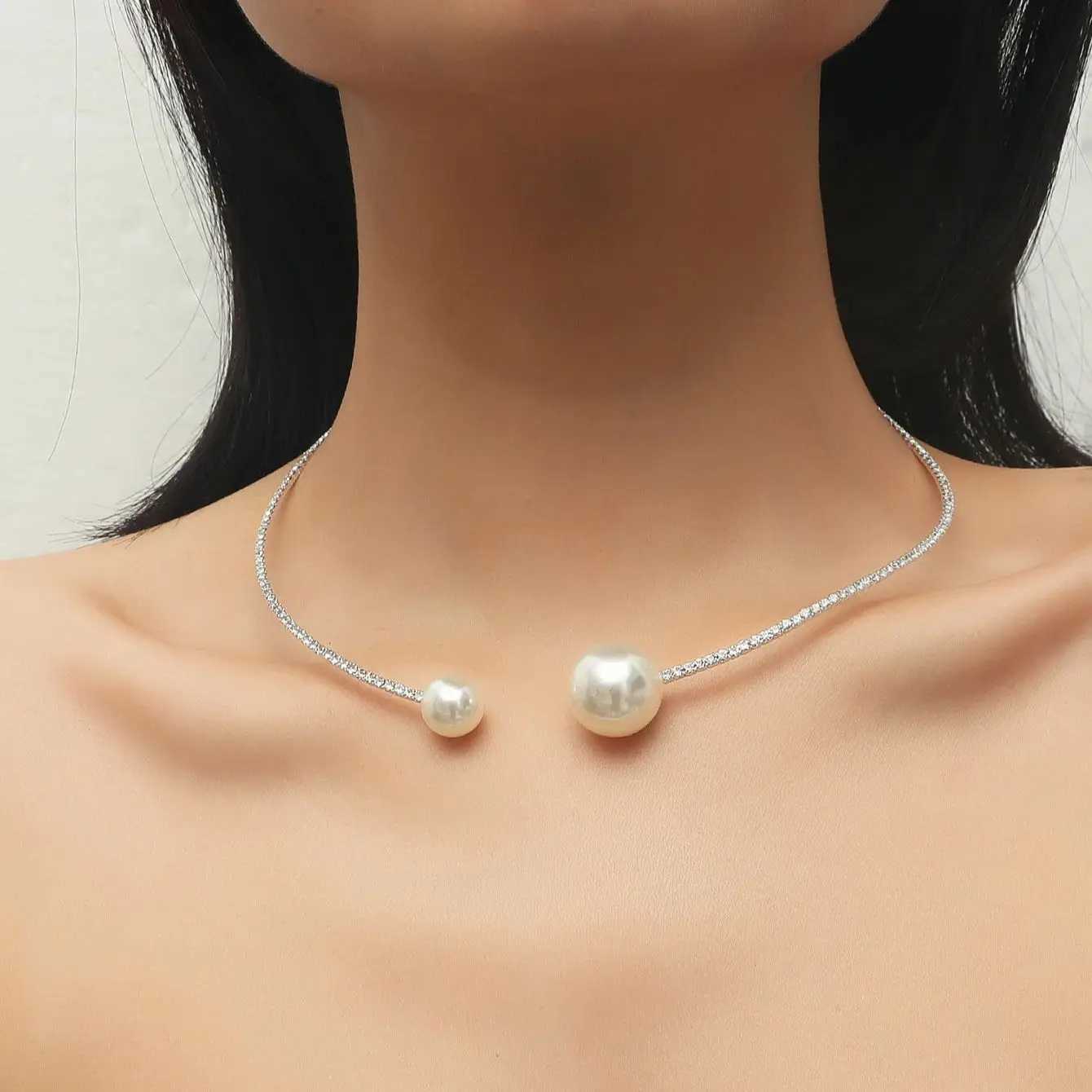 Elegant Crystal Imitation Pearl Open Bracelets for Women Gold Silver Plated Cuff Bangles necklace set Pulseras Mujer JewelryX240925