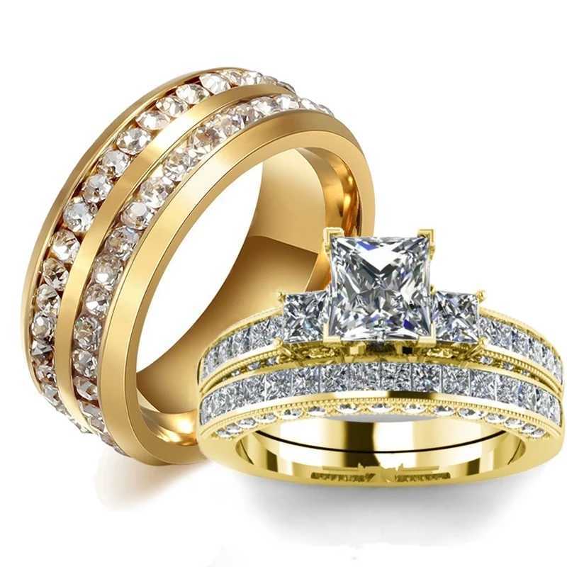 Fashionable couple ring retro stainless steel mens wedding ring elegant womens square cut zircon ring set engagement jewelry gift W240925