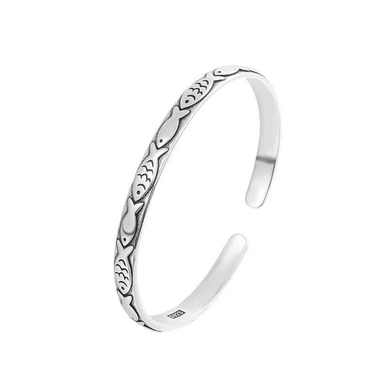 New Retro Female Minority Design Embossed Small Fish Bangle 925 Sterling Silver Simple Ins Personality Animal Opening BraceletsX240925