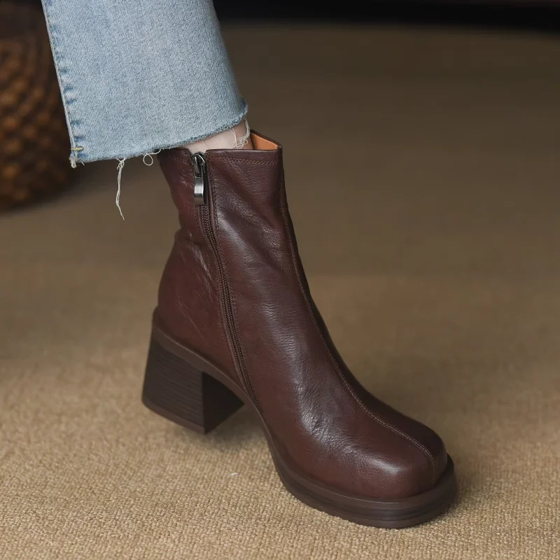 Platform Boots Square Heel Street Style Winter Shoes Womens Toe Denim Casual Spring and Autumn Side Zipper 241028