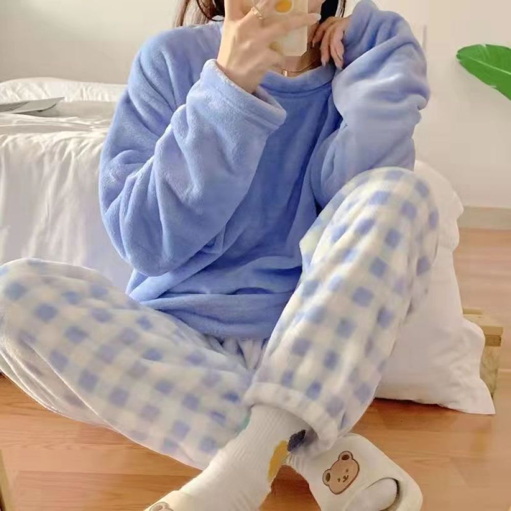 Fleece Thick Warm Women's Pamas Winter Sleepwear Casual Solid Top and Plaid Pants Soft Pijamas Set for Women Home Suit