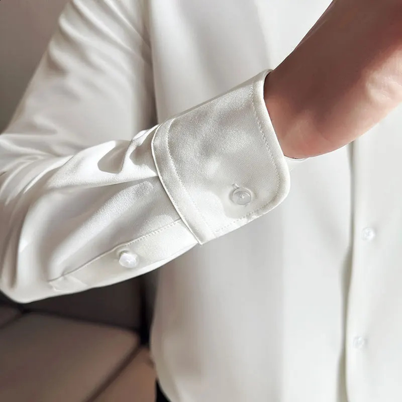 Men V-neck Shirt 2024 Spring British Style Anti-wrinkle Soft Solid Casual Elastic Slim Fit Long Sleeved Shirt Men Clothing 240924